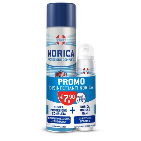 Polifarma Benessere Norica Protezione Completa Disinfettante Aerosolo Azione Virucida Essenza Balsamica 300 Ml + Mousse Mani Dis