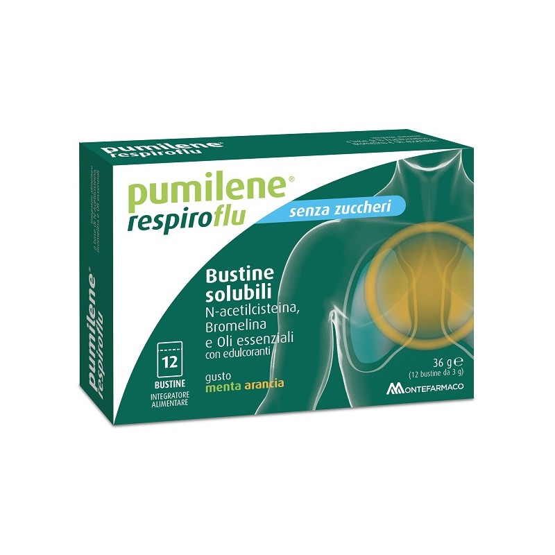 Montefarmaco Otc Pumilene Respiroflu Senza Zucchero 12 Bustine Gusto Menta Arancia 36 G Montefarmaco - 1