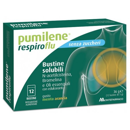 Montefarmaco Otc Pumilene Respiroflu Senza Zucchero 12 Bustine Gusto Menta Arancia 36 G Montefarmaco - 1